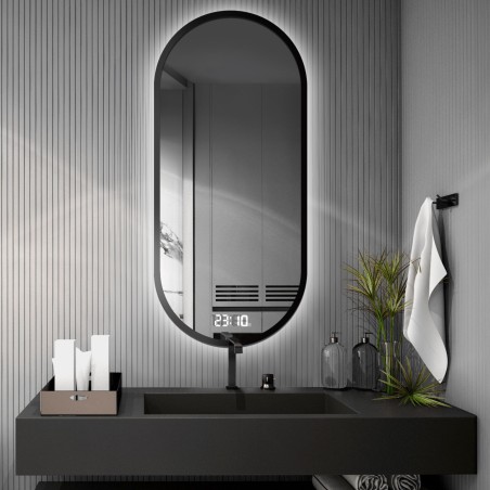 Miroir ovale dans un cadre avec horloge digitale - OSKAR LED PREMIUM