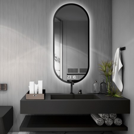Miroir ovale dans un cadre avec horloge digitale - OSKAR LED PREMIUM