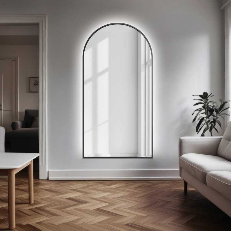 Miroir semi-ovale en MDF noir cadre SLIM avec éclairage - DOMI LED - choix de la couleur du cadre