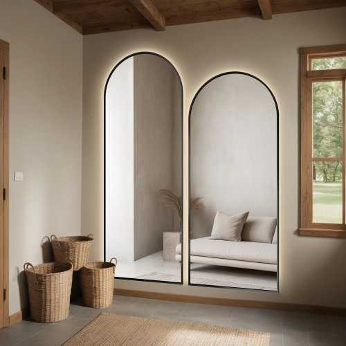 Set van twee semi-ovale spiegels in zwart MDF SLIM frame met verlichting - DOMI II SET IN LED FRAME