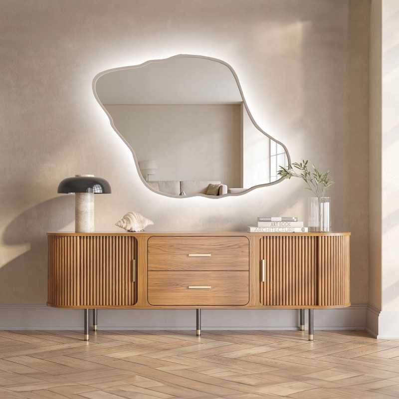 Miroir aux formes organiques, avec cadre en MDF couleur cachemire et éclairage intégré - MARIS DUNE LED DANS SON CADRE