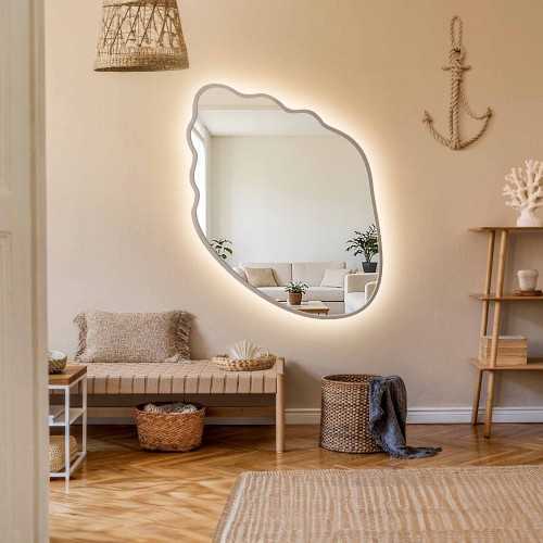 Miroir aux formes organiques, avec cadre en MDF couleur cachemire et éclairage intégré - MARIS SHELL LED DANS SON CADRE