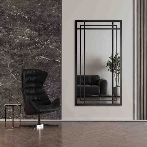 Miroir de style loft avec croisillons, dans un cadre noir en MDF - SET