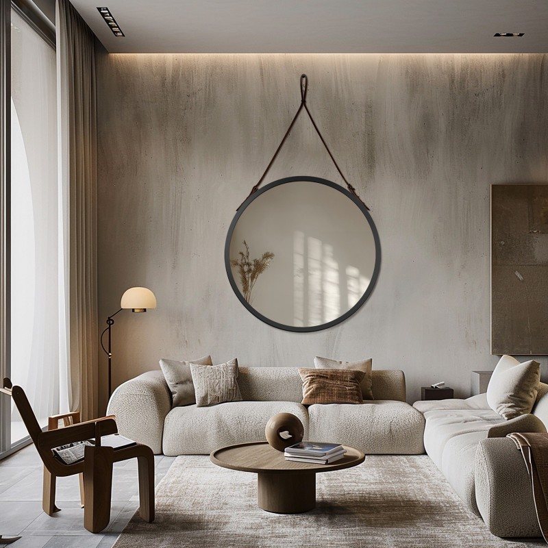 Ronde spiegel in matzwarte lijst op zwart lederen band - OTTO RIEM ZWART - lijstkleur naar keuze