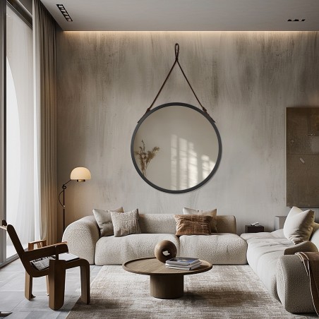 Ronde spiegel in matzwarte lijst op zwart lederen band - OTTO RIEM ZWART - lijstkleur naar keuze