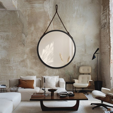 Ronde spiegel in matzwarte lijst op zwart lederen band - OTTO RIEM ZWART - lijstkleur naar keuze