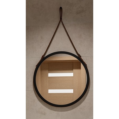 Ronde spiegel in matzwarte lijst op zwart lederen band - OTTO RIEM ZWART - lijstkleur naar keuze