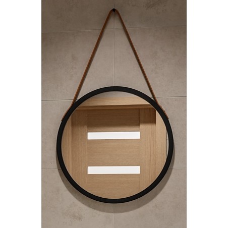 Ronde spiegel in zwart matte lijst op bruin lederen band - OTTO RIEM BRONS - lijstkleur naar keuze