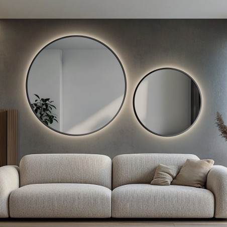 Set de miroirs ronds en MDF noir cadre SLIM avec éclairage - OTYLIA LED SET - couleur du cadre au choix