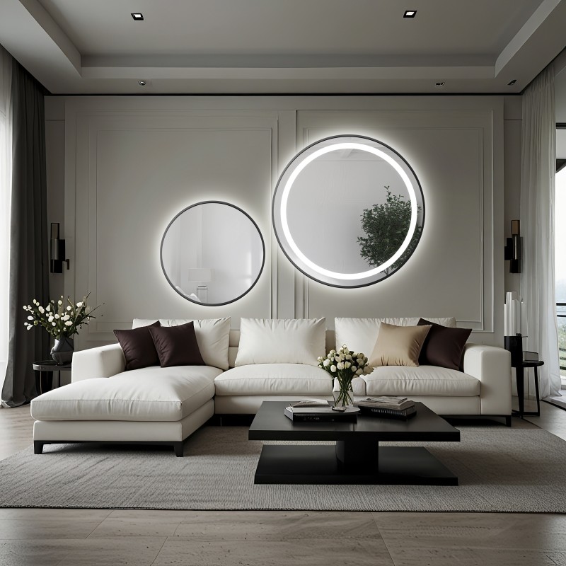 Jeu de miroirs ronds sablés avec cadre SLIM en MDF noir et rétro-éclairage LED STELLA - choix de la couleur du cadre Jeu de miroirs ronds sablés avec cadre SLIM en MDF noir et rétro-éclairage LED STELLA - choix de la couleur du cadre