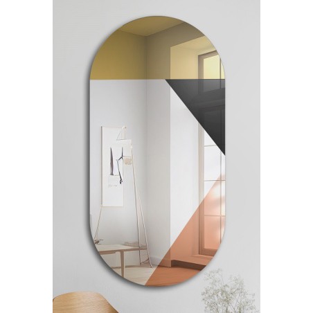 Ovale spiegel met decoratief goud-koperkleurig paneel en zwart lacobel - RIO